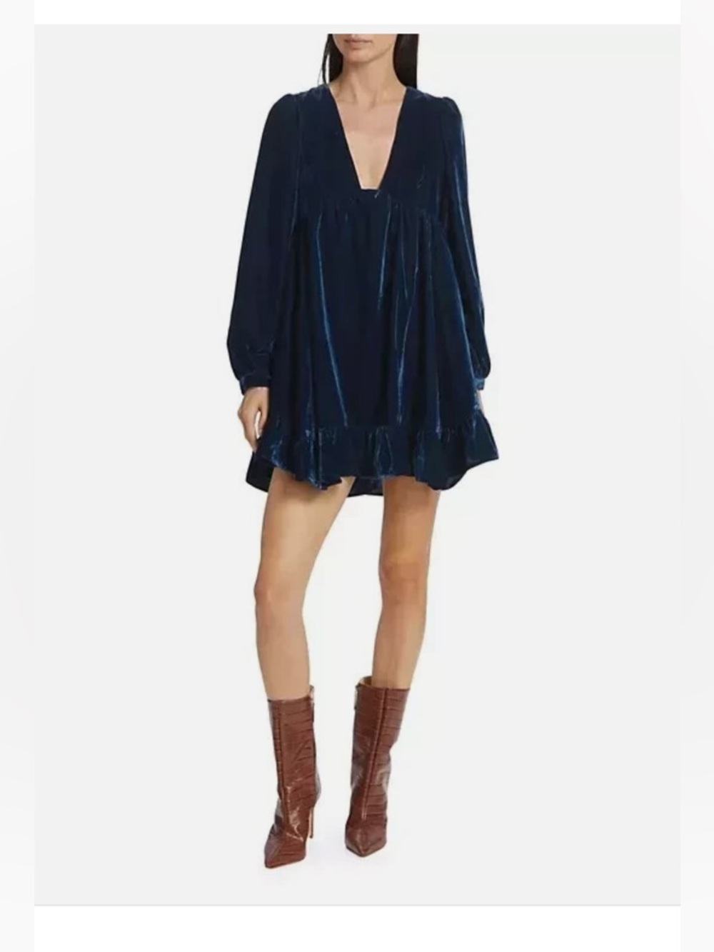 FREE PEOPLE Estella Velvet Mini Dress Blue XS Ruffled Flowy Hem Whimsigoth Dark